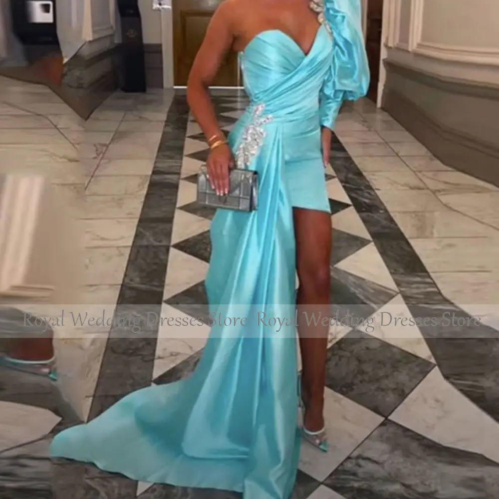 Modern Sky Blue Satin Cocktail Dress Mini Short One Shoulder Cocktail Gown for Women Sheath Pleat Long Puff Sleeves Party Gown