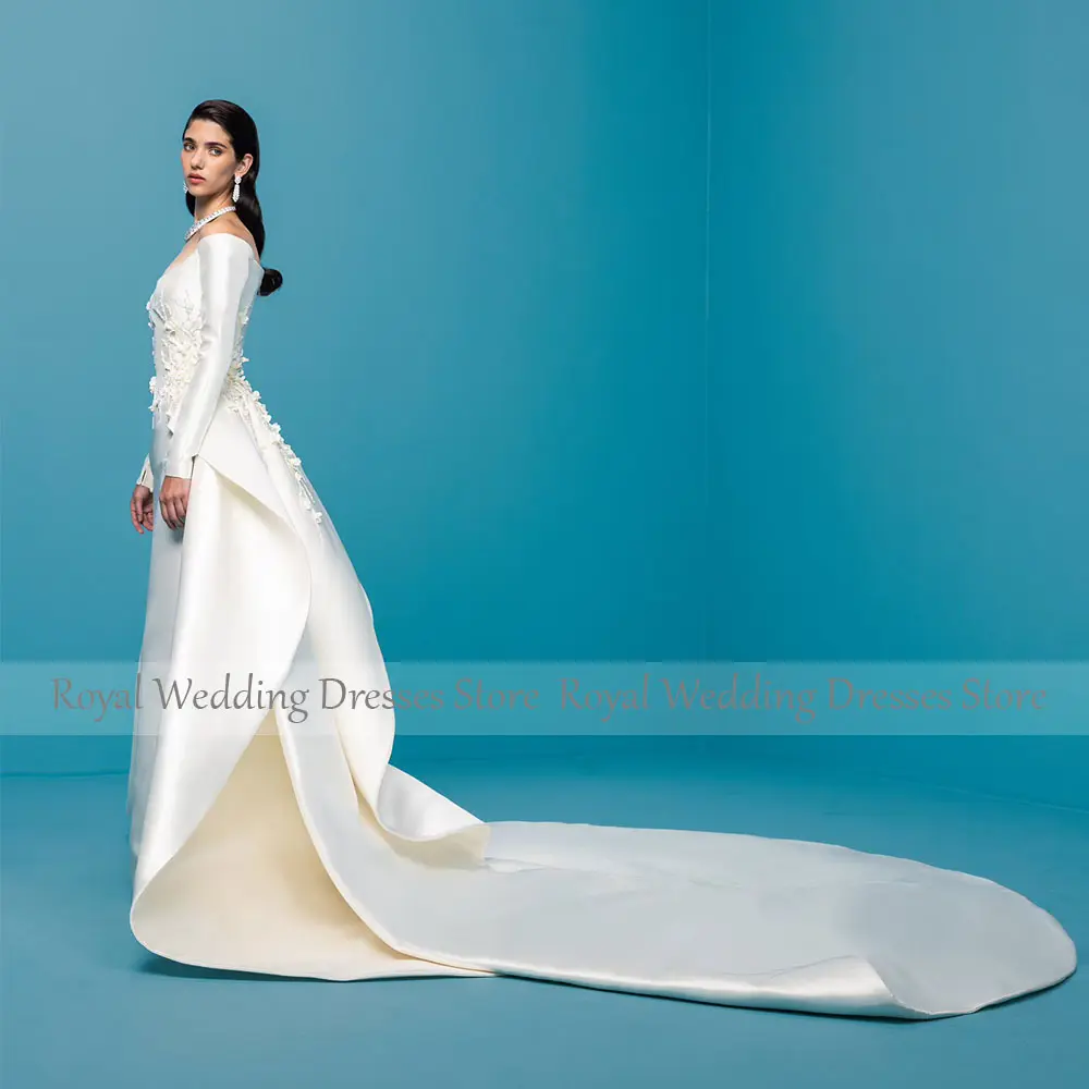 Luxury Wedding Dress Off the Shoulder Long Sleeves Column Wedding Gown with Detachable Train Flowers Beaded Bridal Dresses Satin