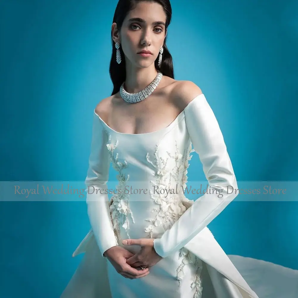 Luxury Wedding Dress Off the Shoulder Long Sleeves Column Wedding Gown with Detachable Train Flowers Beaded Bridal Dresses Satin