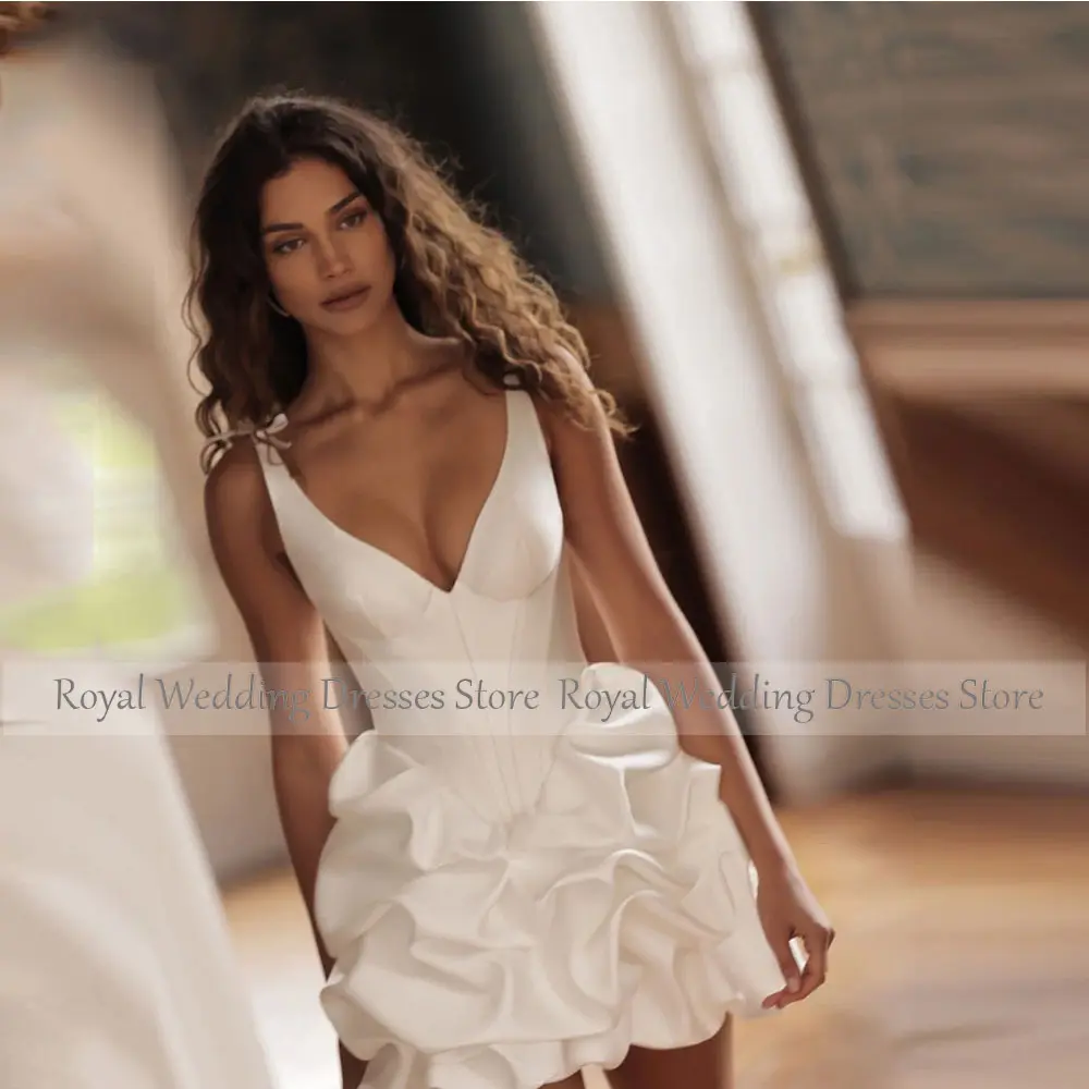 Ivory Satin Mini Wedding Dress V Neck Straps Puffy A Line Lace Up Short Wedding Gown Modern Above Knee Bridal Gown
