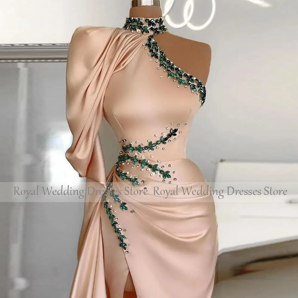 Modern Champagne Women's Evening Dresses One Shoulder High Quality Satin Formal Party Gown Floor length Beading Prom Dress
