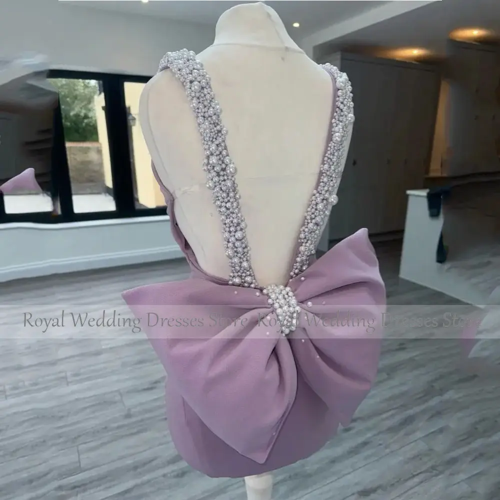 Purple Cocktail Dresses Mini Short V NeckCocktail Gowns for Women Sheath Pearls Beading Party Gown Back With Big Bow