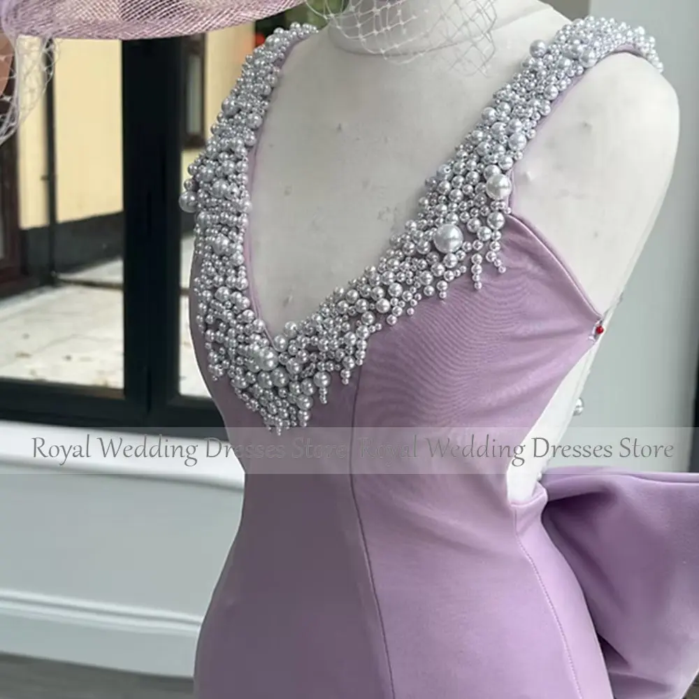 Purple Cocktail Dresses Mini Short V NeckCocktail Gowns for Women Sheath Pearls Beading Party Gown Back With Big Bow