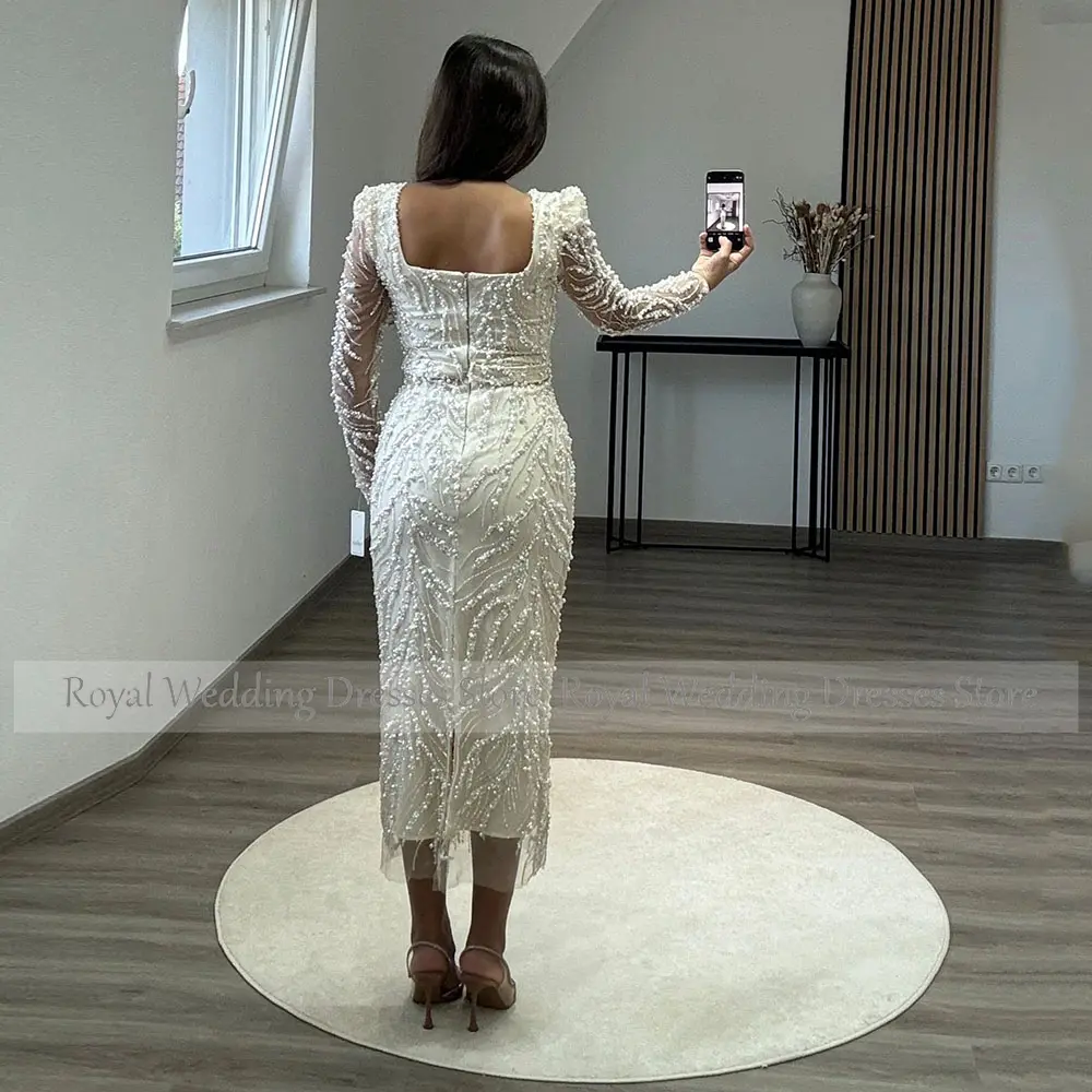 Luxury Women's Evening Dresses For Wedding Long Sleeves Sequin Lace Mermaid Formal Party Gown Tea length Prom Dress