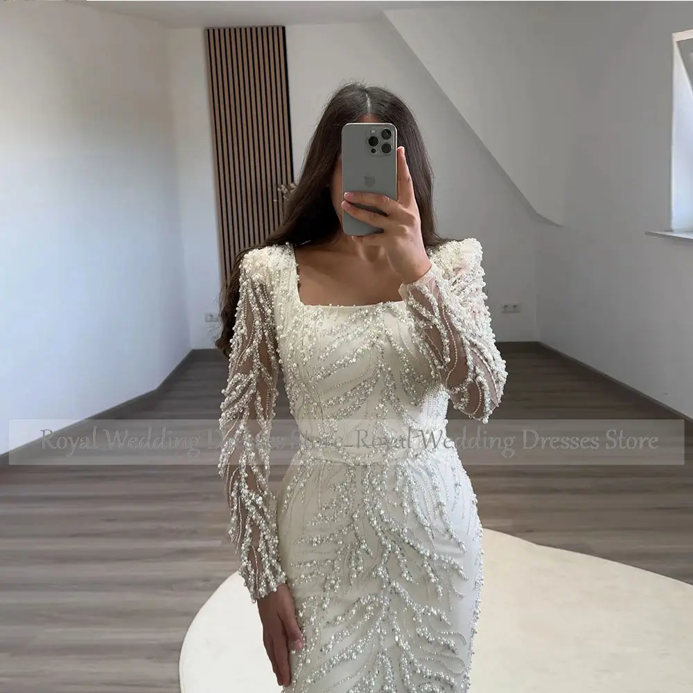 Luxury Women's Evening Dresses For Wedding Long Sleeves Sequin Lace Mermaid Formal Party Gown Tea length Prom Dress