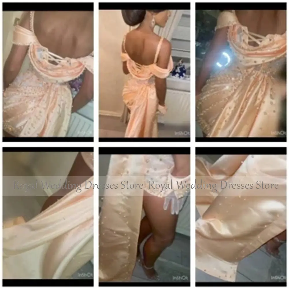 Luxury Satin Cocktail Dress Mini Short Cocktail Gowns for Women Sheath Off The Shoulder Pearls Beading Party Gown