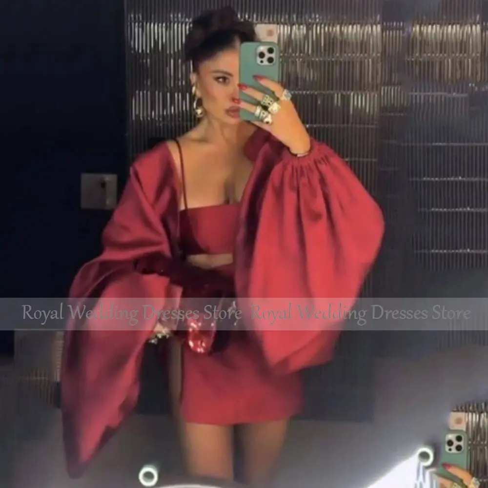 Sexy Burgundy Satin Dress for Women Spaghetti Straps With Puff Sleeves Back Lace Up Party Gown
