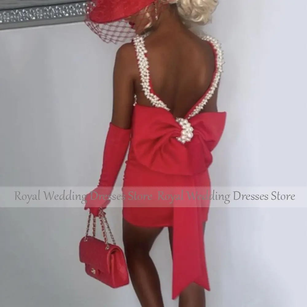 Red Cocktail Dress Mini Pearls V Neck Backless Big Bow Sheath Cocktail Gowns for Women