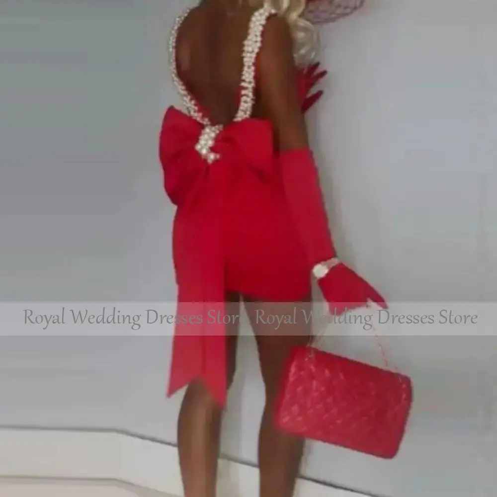Red Cocktail Dress Mini Pearls V Neck Backless Big Bow Sheath Cocktail Gowns for Women
