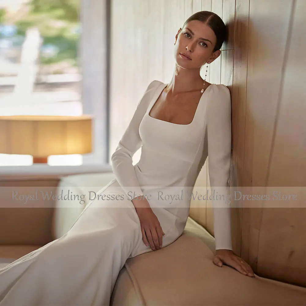 Elegant Square Collar Wedding Dresses For Women With Detachable Train Mermaid  Wedding Gowns Long  Simple Bridal Dress
