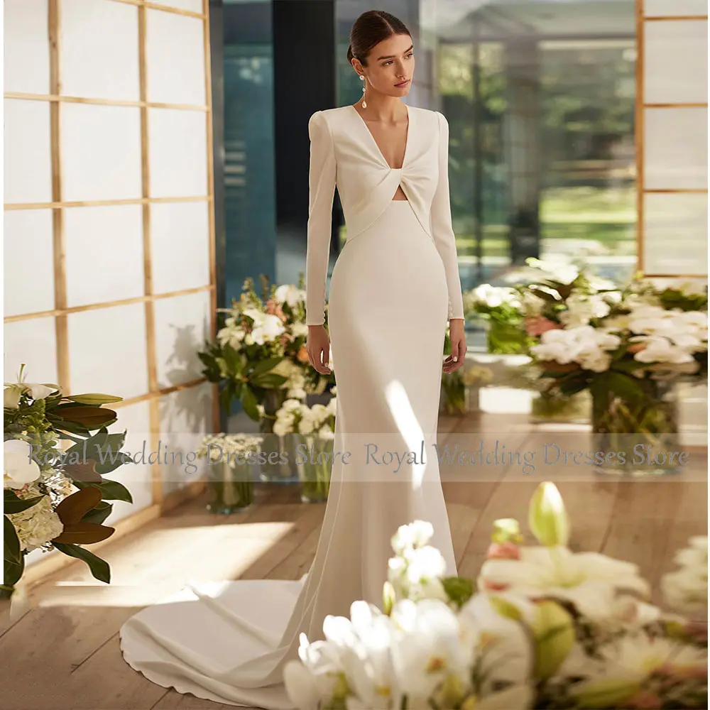 Modern  V Neck Bridal Dress Mermaid Full Sleeves  Wedding Gowns for Women 2025 Bride Backless Ivory Wedding Dresses Long
