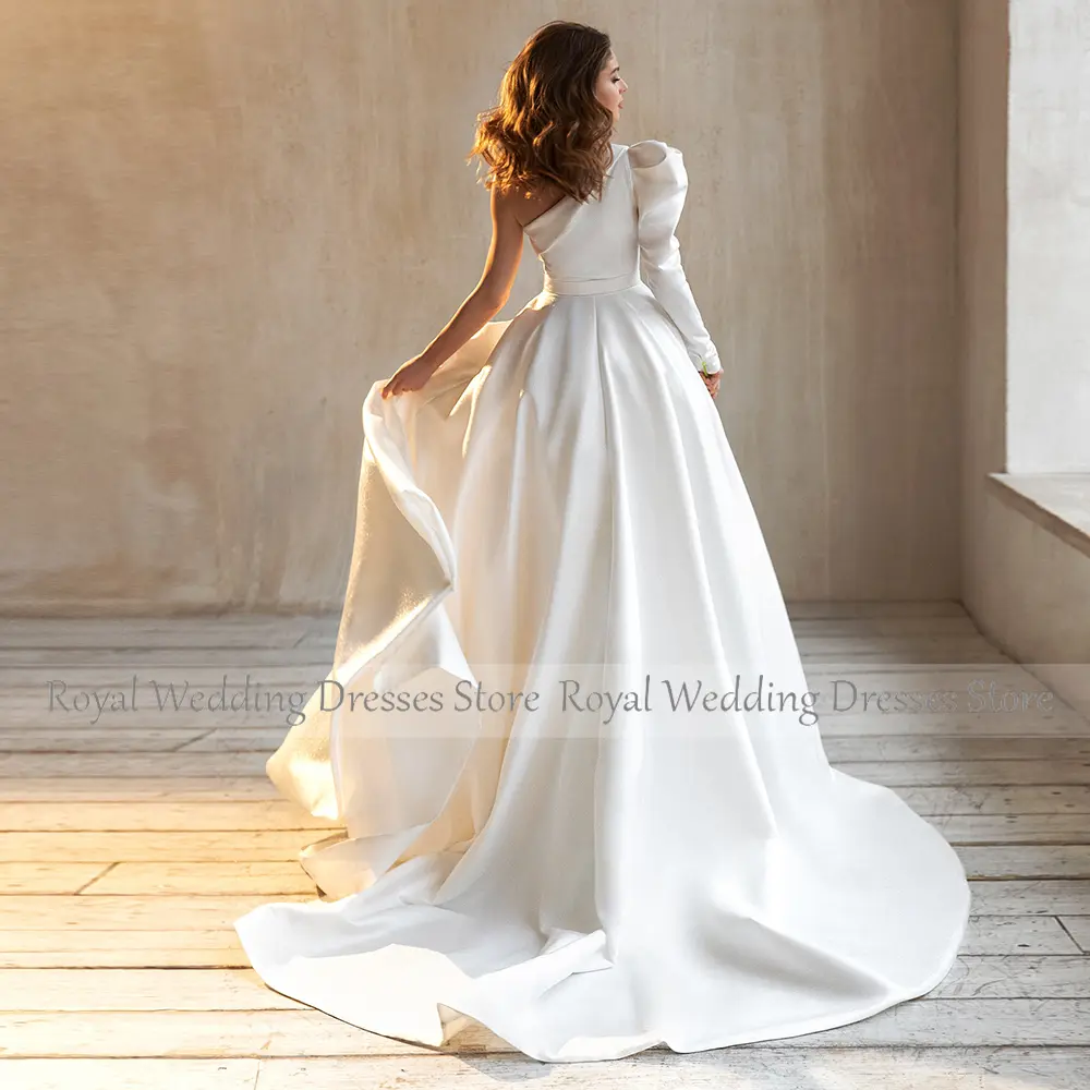 Hall Wedding Dress Modern White Satin Ruched Sashes Pleat Wedding Party A-line One-shoulder Long Dresses  Elegant Party Dresses