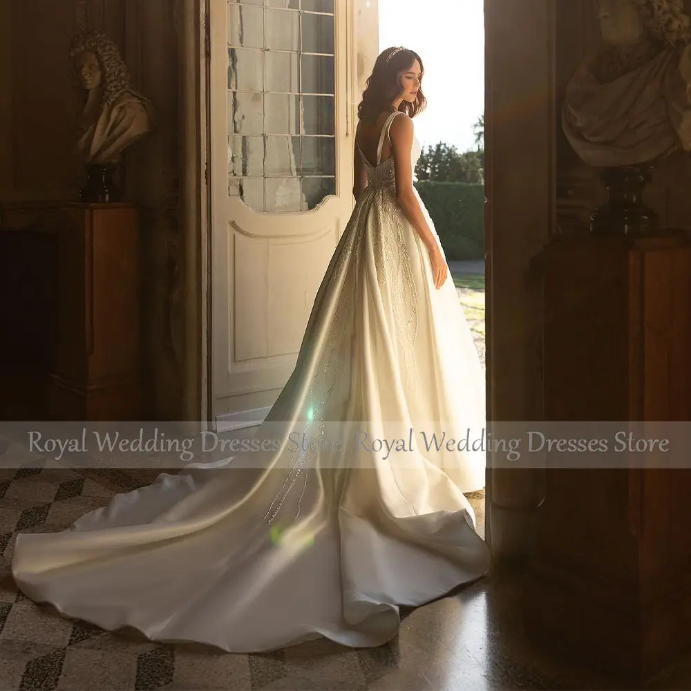 Luxury Wedding Dress for Women 2023 Bride A LIne Deep V Neck Satin  Gown Long Sleeveless Applique Backless Bridal Dresses