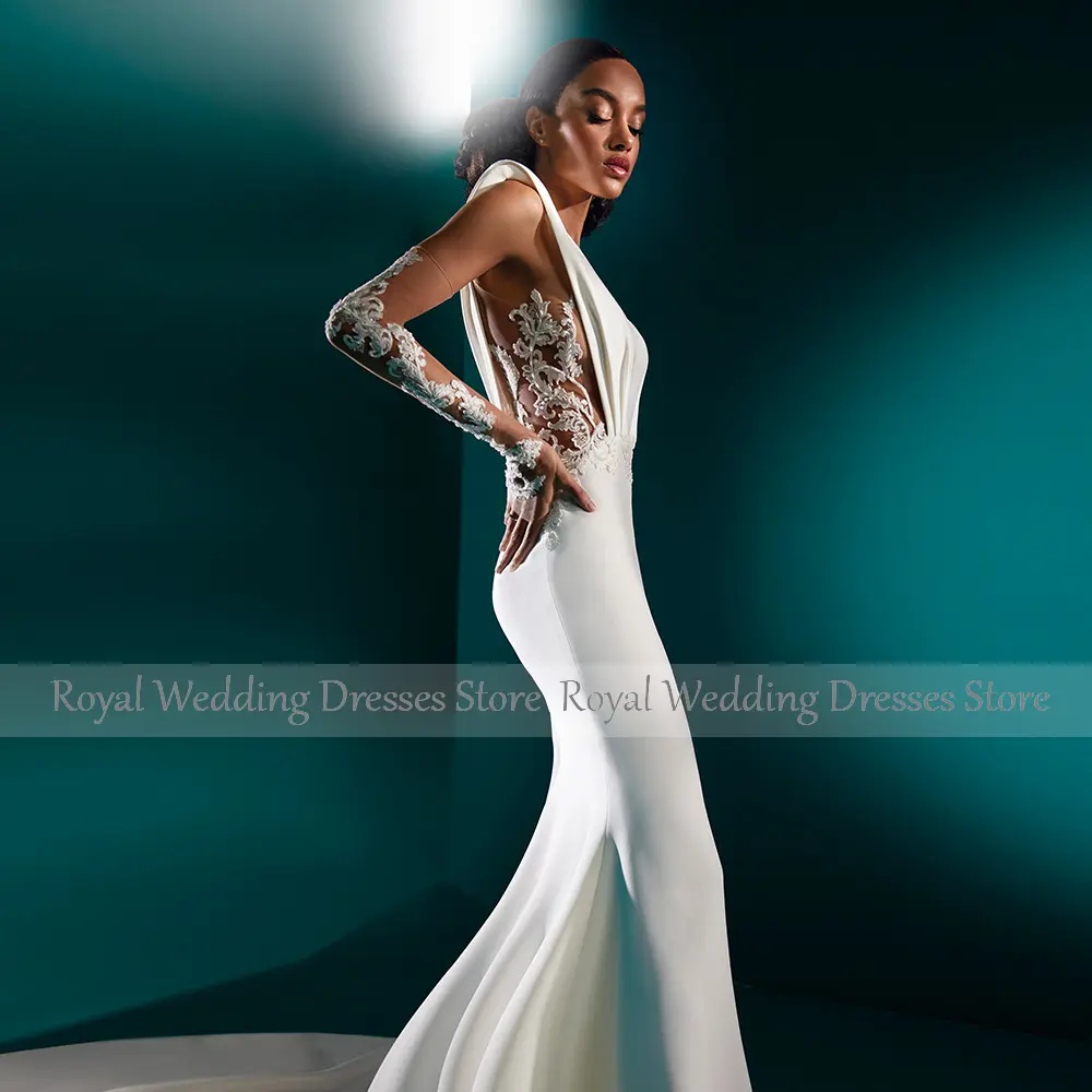 Elegant Trumpet Wedding Gowns for Women 2024 Appliques Full Sleeves Ivory Wedding Dresses Mermaid V Neck Boho Bridal Dress Long