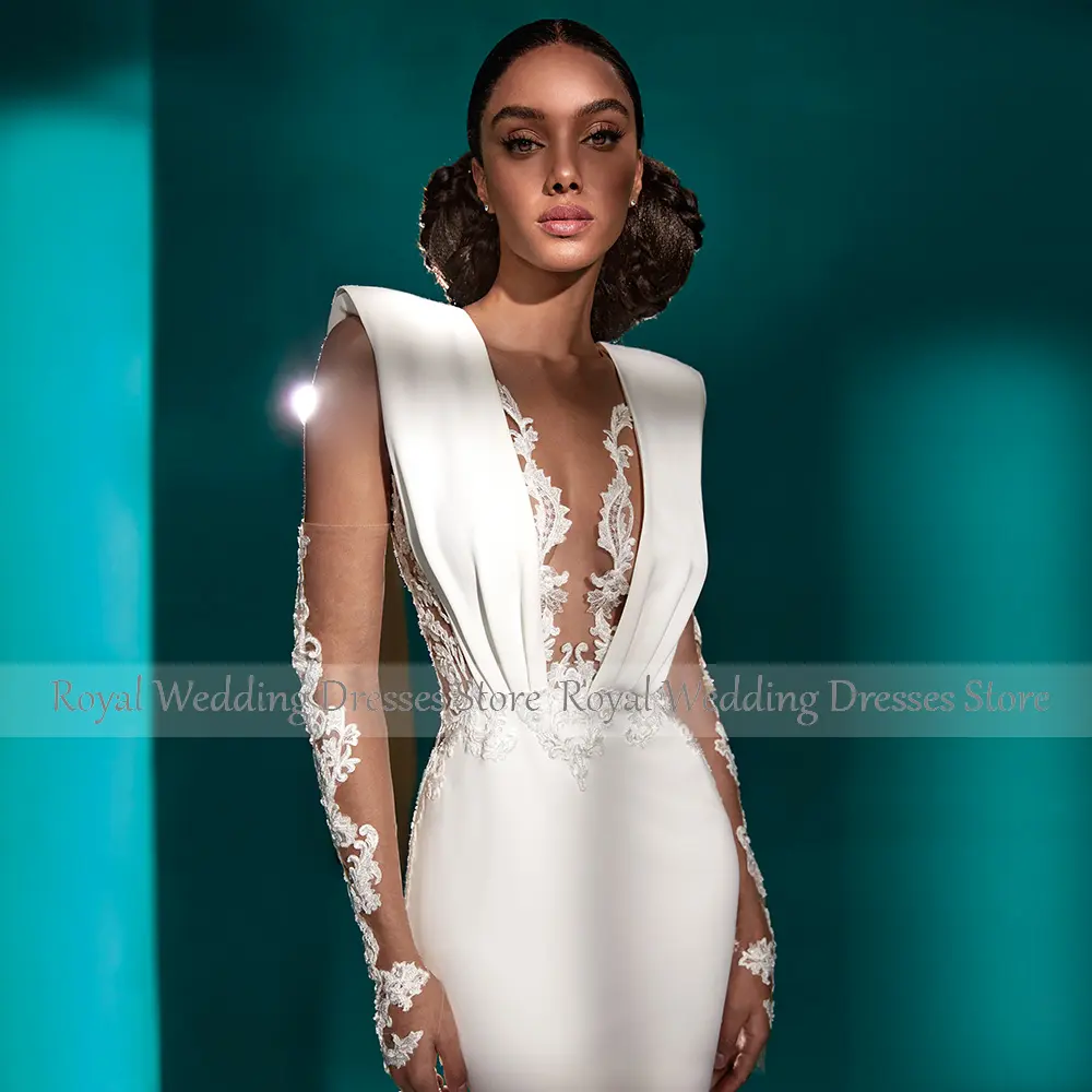 Elegant Trumpet Wedding Gowns for Women 2024 Appliques Full Sleeves Ivory Wedding Dresses Mermaid V Neck Boho Bridal Dress Long