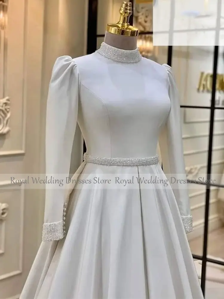 Modest Wedding Dress Beading High Collar Long Sleeves A Line Luxury Wedding Gowns for Women 2024 Bride Ruched Satin Bridal Dress