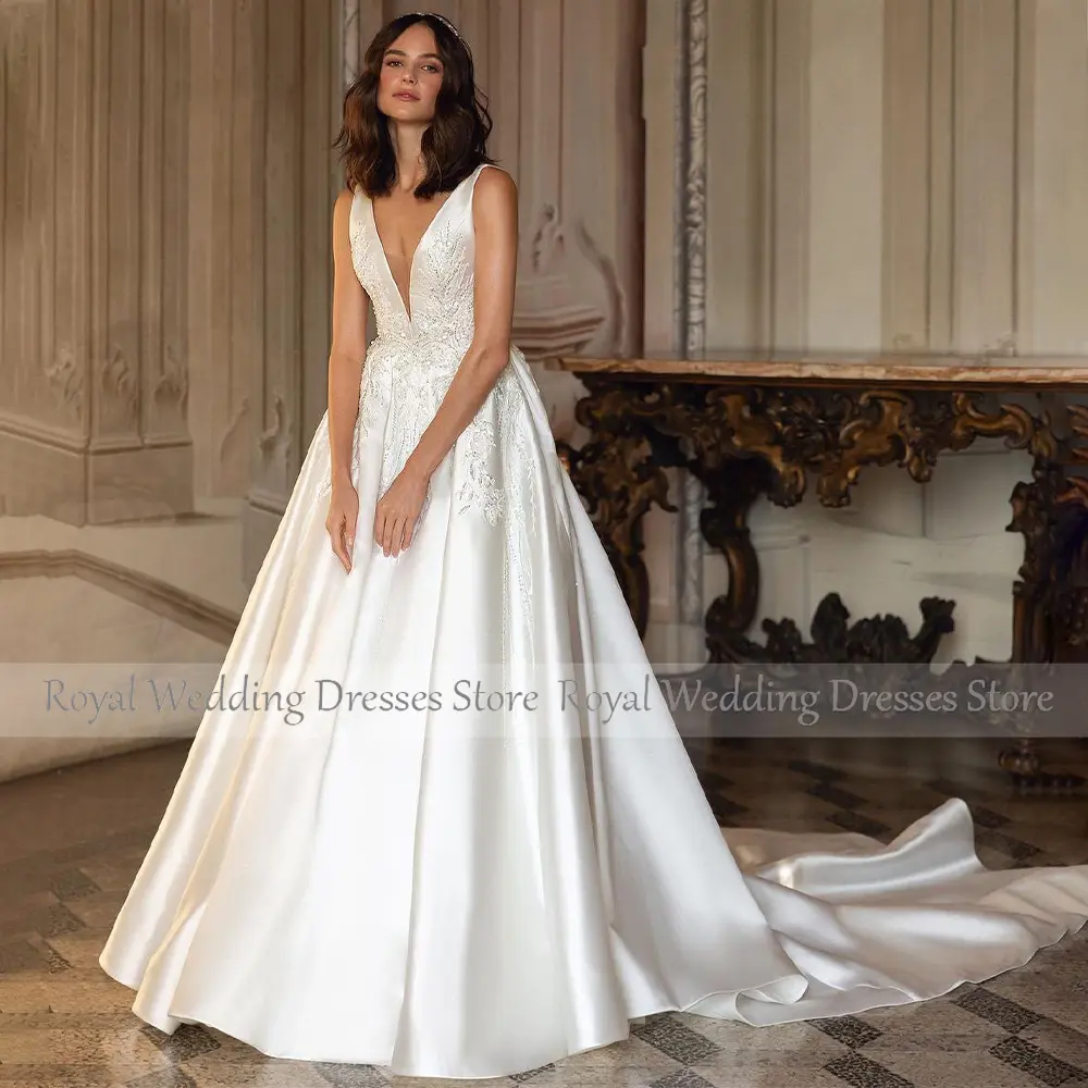 Luxury Wedding Dress for Women 2023 Bride A LIne Deep V Neck Satin  Gown Long Sleeveless Applique Backless Bridal Dresses
