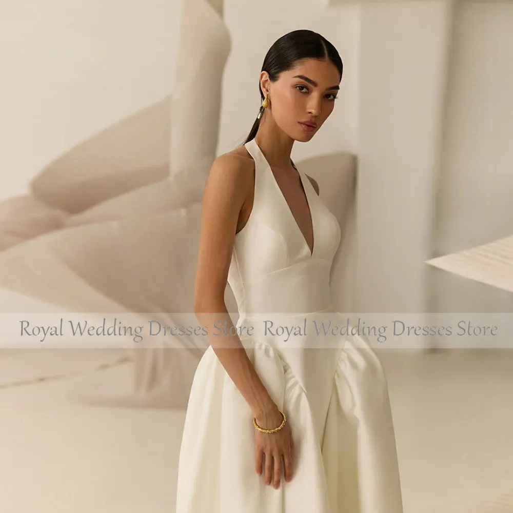Modern A Line Wedding Dress Halter Satin Wedding Gowns for Women 2025 Floor Length Ivory Long Bridal Dress