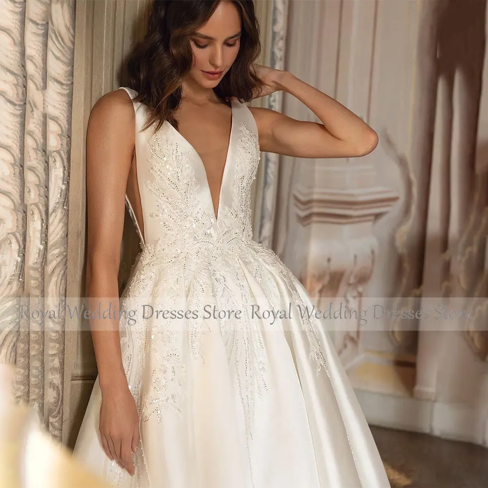 Luxury Wedding Dress for Women 2023 Bride A LIne Deep V Neck Satin  Gown Long Sleeveless Applique Backless Bridal Dresses