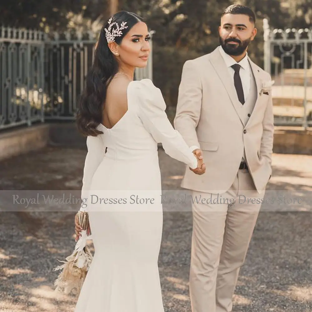 Simple Mermaid Wedding Dress for Women 2023 Bride Long Sleeves Elegant  Gown  Side Split Backless V Neck Bridal