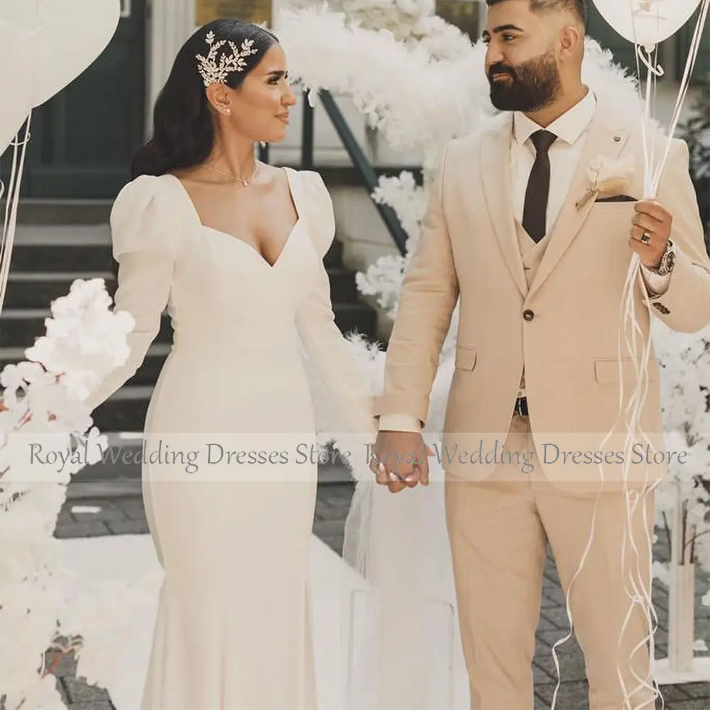 Simple Mermaid Wedding Dress for Women 2023 Bride Long Sleeves Elegant  Gown  Side Split Backless V Neck Bridal