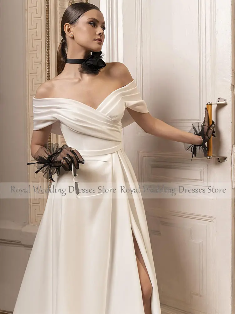 Ivory Satin Wedding Dress Long Off the Shoulder V Neck A Line Elegant Wedding Gowns for Women Criss-Cross Side Slit Bridal Dress