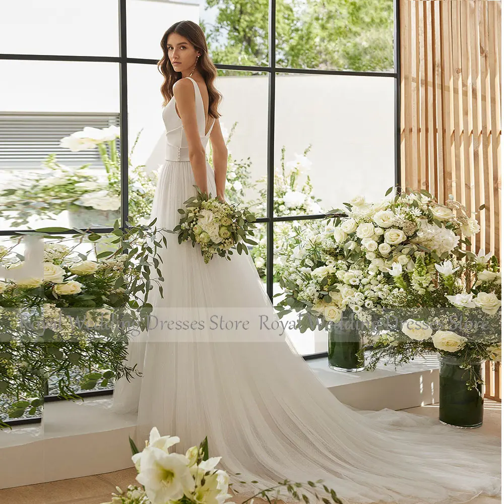 A Line Tulle Wedding Gowns Ivory V Neck Wedding Dresses for Women Spaghetti Straps  Long Simple Bridal Dress 2025