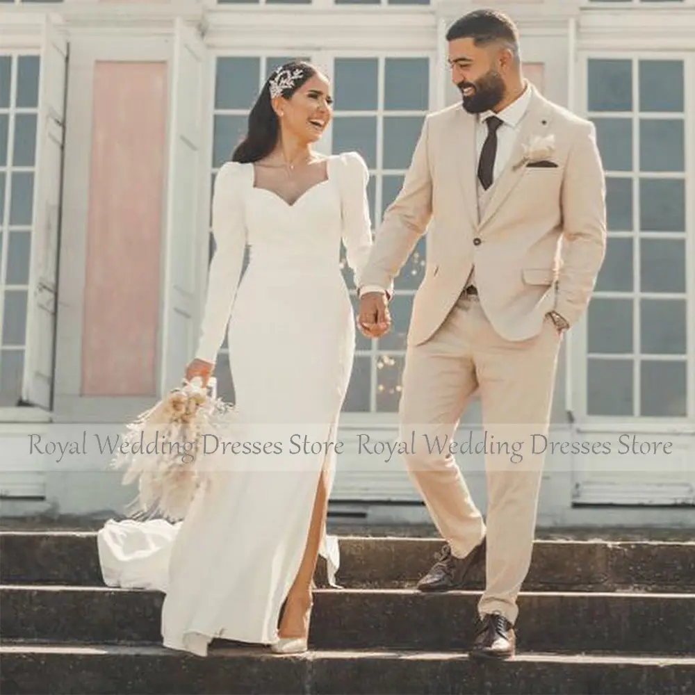 Simple Mermaid Wedding Dress for Women 2023 Bride Long Sleeves Elegant  Gown  Side Split Backless V Neck Bridal