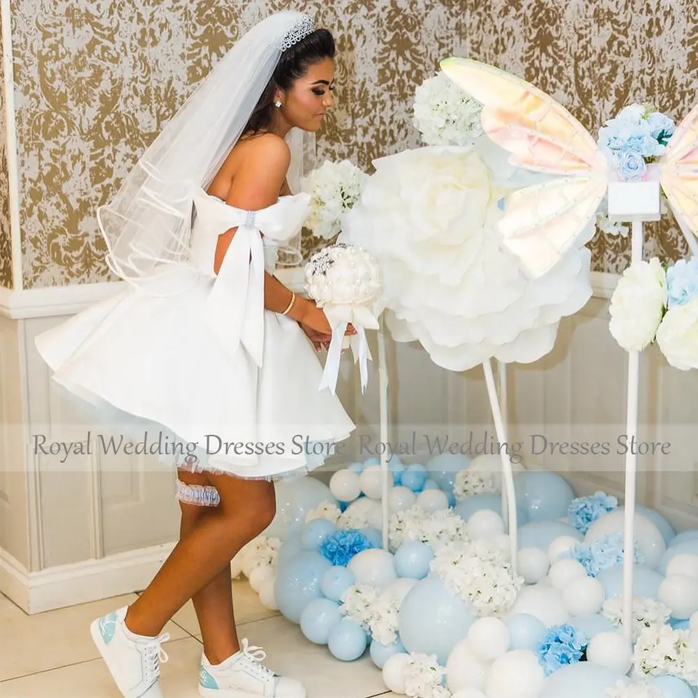 Short Wedding Dress White Satin Off the Shoulder Ball Gown Wedding Gowns for Women 2025 Bride Ruched Beading Bows Bridal Dresses