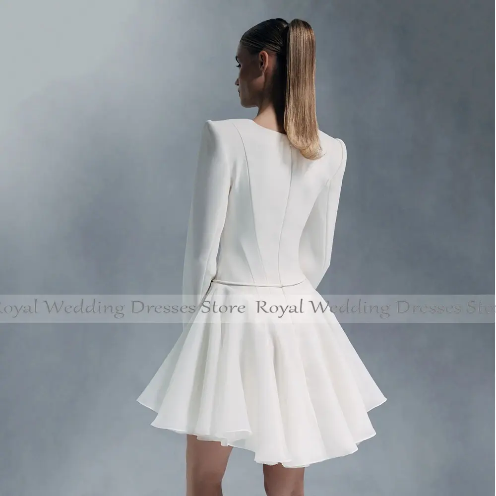 Modern Simple Ivory Wedding Dresses V Neck A Line Ball Gown Long Sleeves  Mini Short  Bridal Gown Robe De Maree Dress