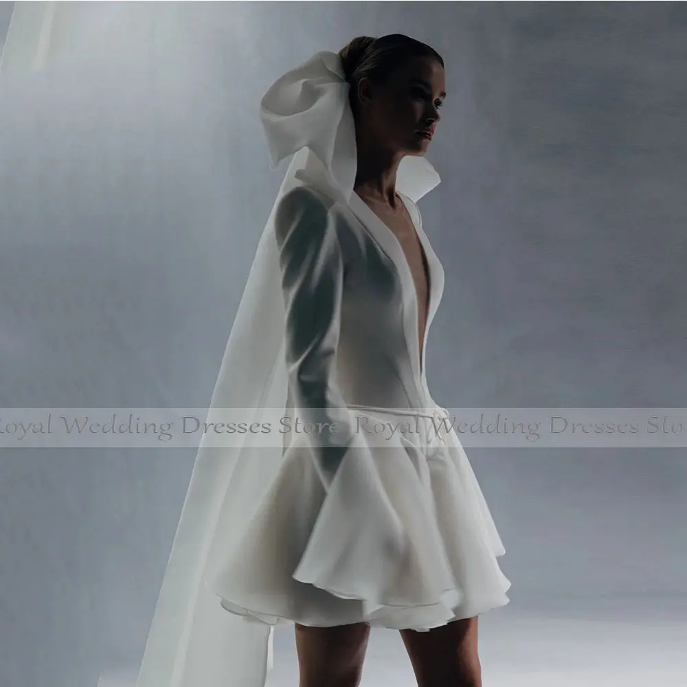 Modern Simple Ivory Wedding Dresses V Neck A Line Ball Gown Long Sleeves  Mini Short  Bridal Gown Robe De Maree Dress