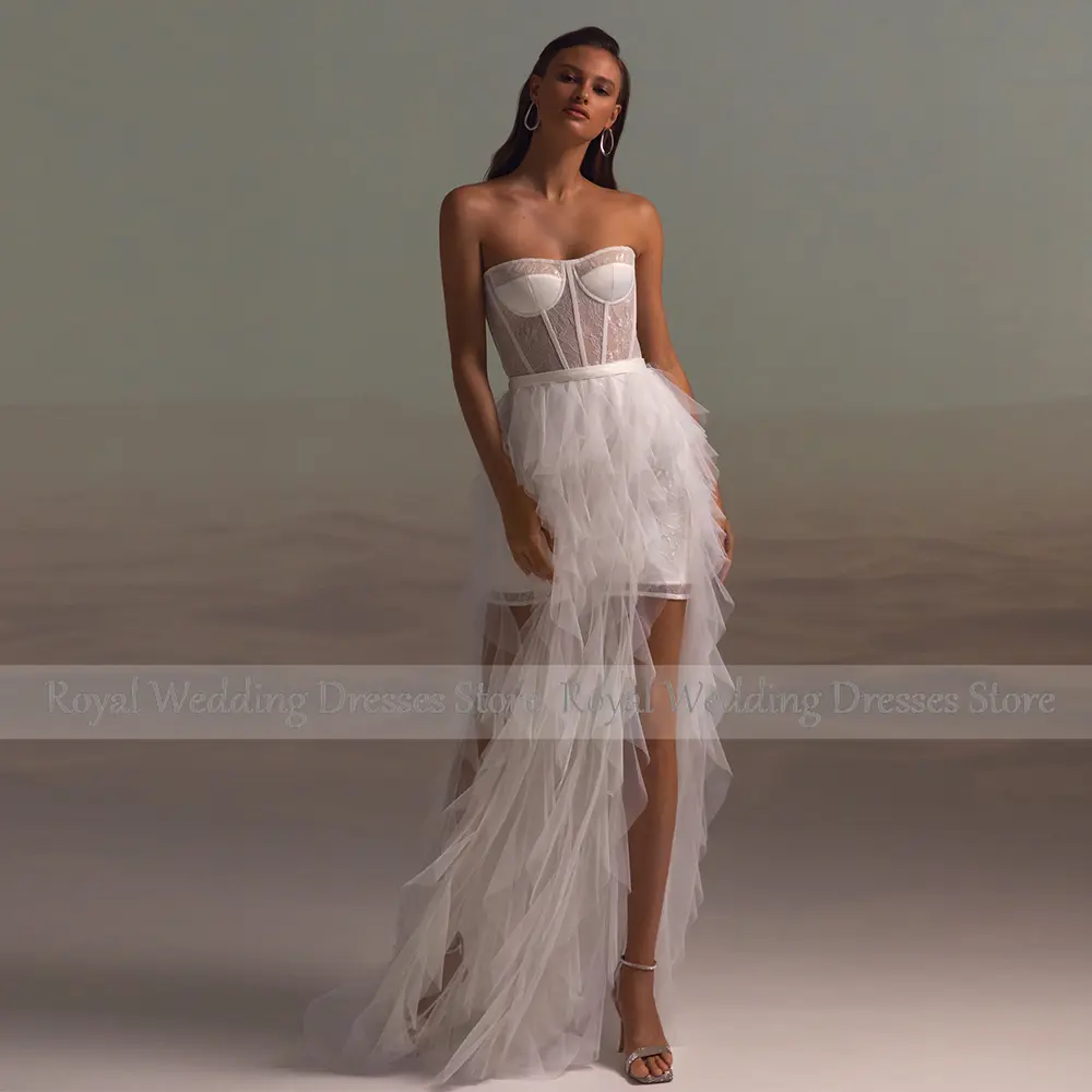 Wedding Dress Boho Bohemian White Net Ruffles Wedding Party Sheath Strapless Long Dresses Gowns for Women 2024 Bride