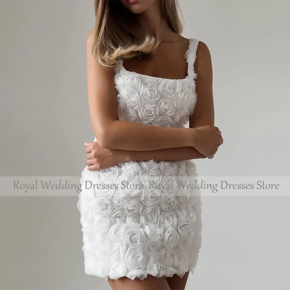 Mini Wedding Dress for Bride White Rose Flowers Tank Sheath Bridal Gowns Square Collar Sleeveless Column Wedding Gowns for Women