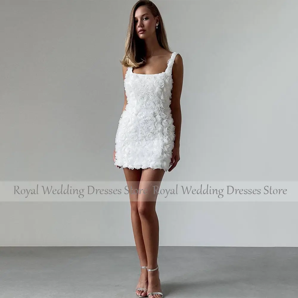 Mini Wedding Dress for Bride White Rose Flowers Tank Sheath Bridal Gowns Square Collar Sleeveless Column Wedding Gowns for Women