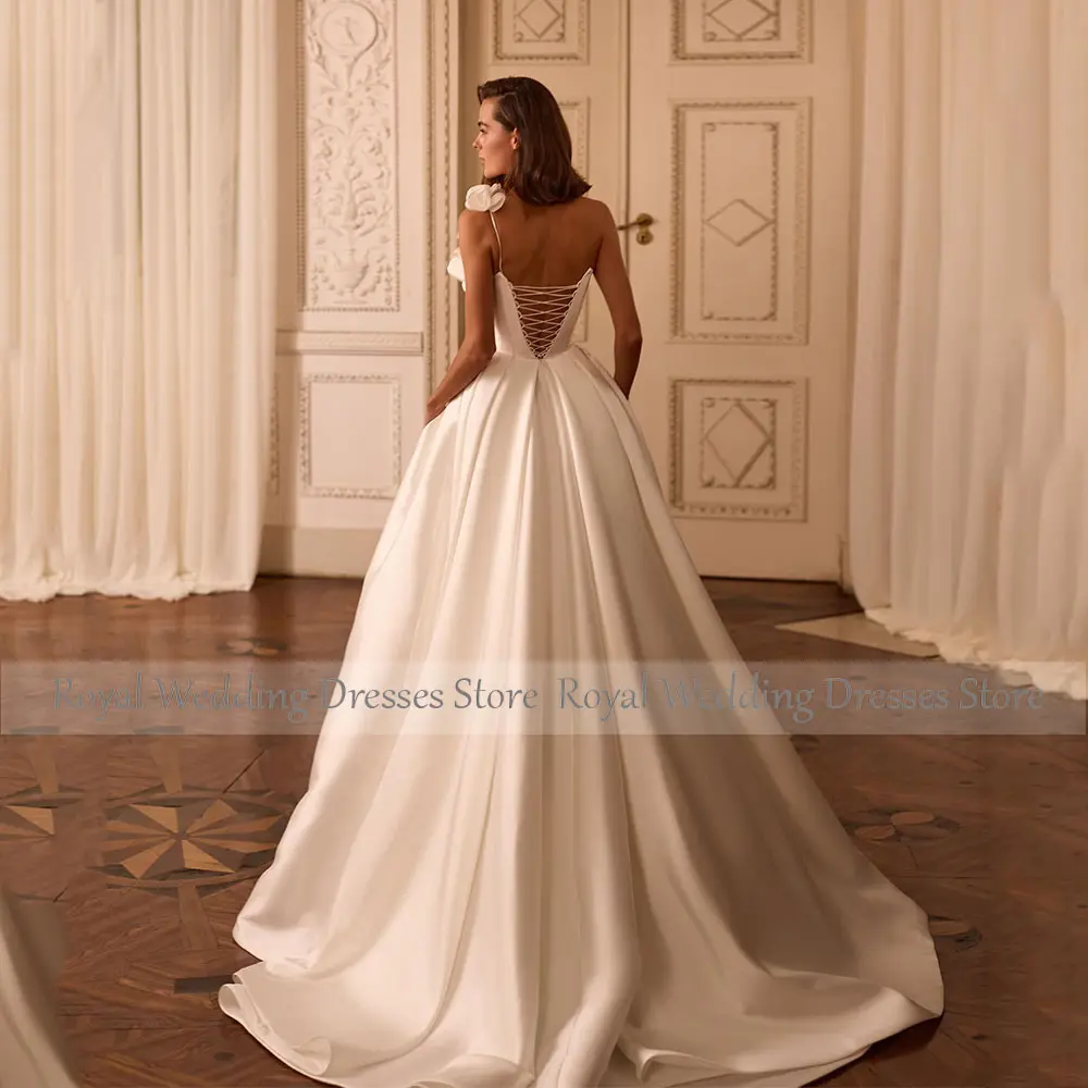 Beauty Ivory Wedding Dress One Shoulder Flowers A Line Wedding Gown  Floor Length  Sweep Train Lace up Sleeveless Bridal Gown