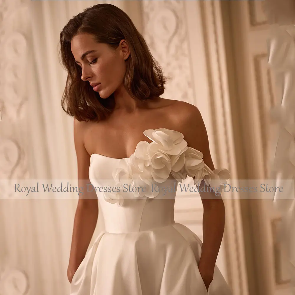 Beauty Ivory Wedding Dress One Shoulder Flowers A Line Wedding Gown  Floor Length  Sweep Train Lace up Sleeveless Bridal Gown
