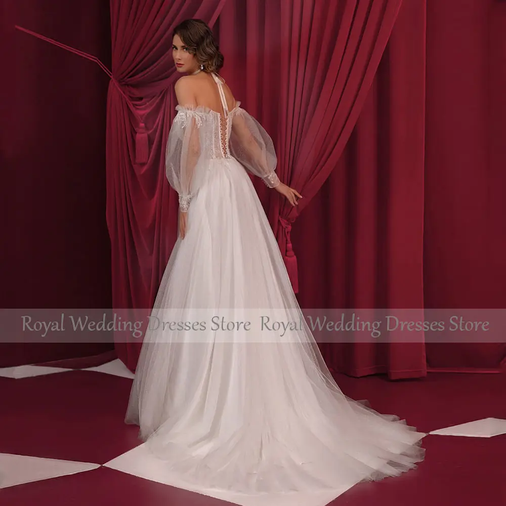 Off The Shoulder Ivory Bridal Dress A Line Lace Up Wedding Gowns Long Sleeves Appliques Tulle Wedding Dress Floor Length Long