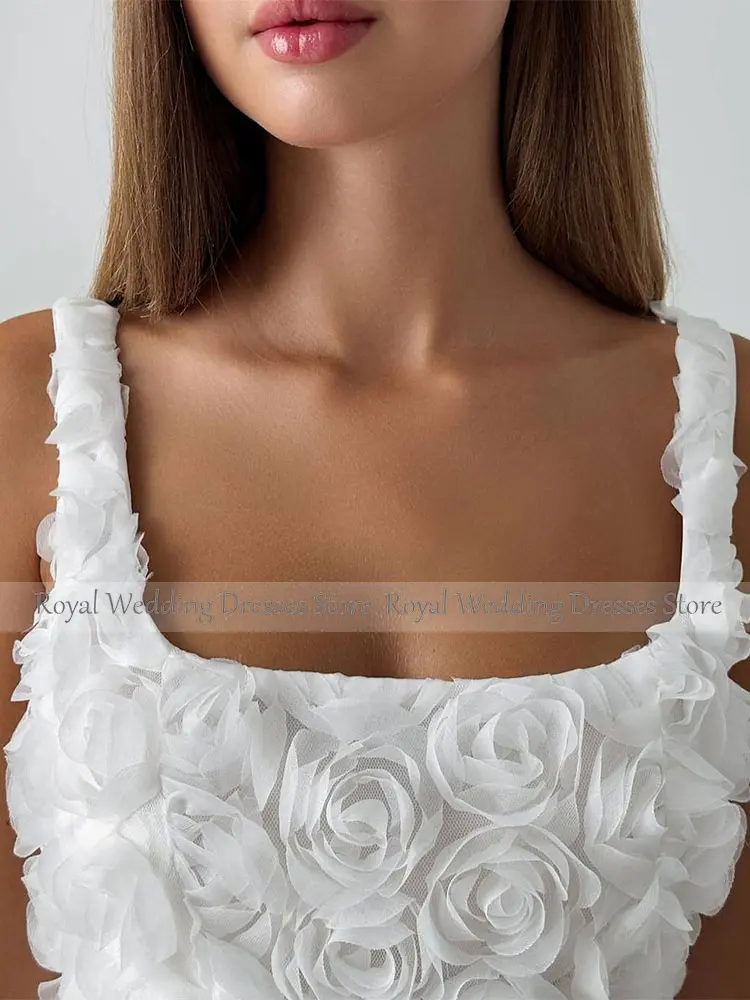 Mini Wedding Dress for Bride White Rose Flowers Tank Sheath Bridal Gowns Square Collar Sleeveless Column Wedding Gowns for Women