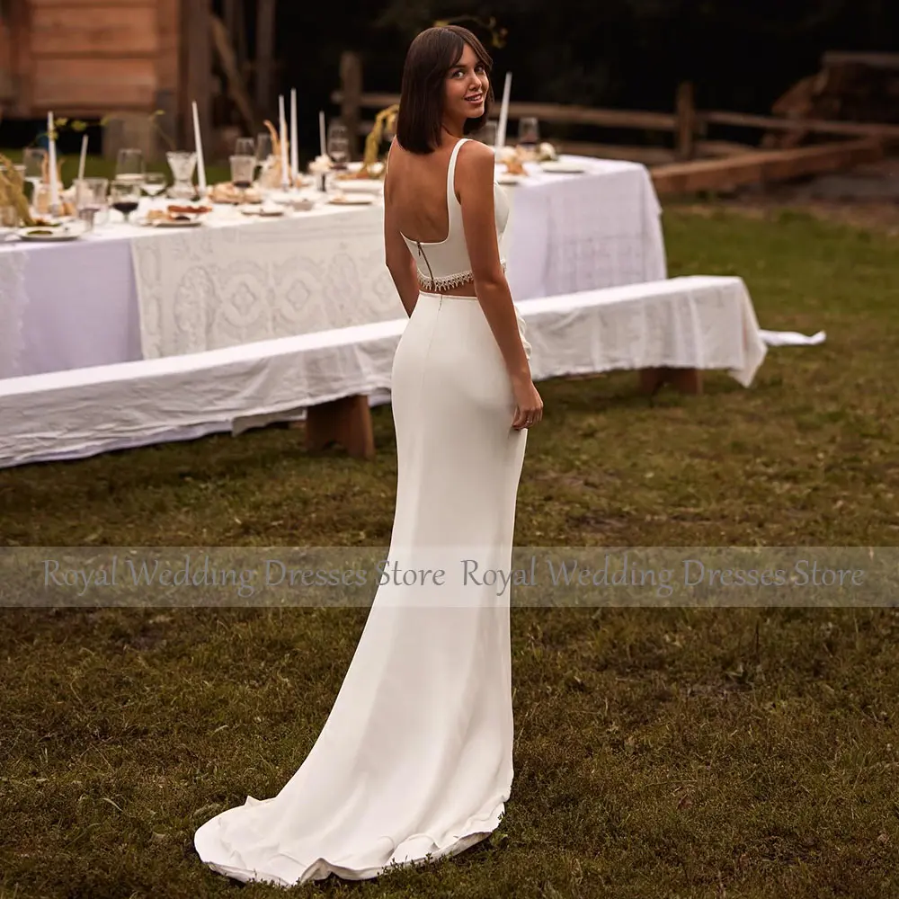 Sexy Wedding Dress Mermaid Tank Crop Top Summer Beach Wedding Gowns for Bride 2 Pieces Tassel Trumpet Modern Bridal Dresses Long