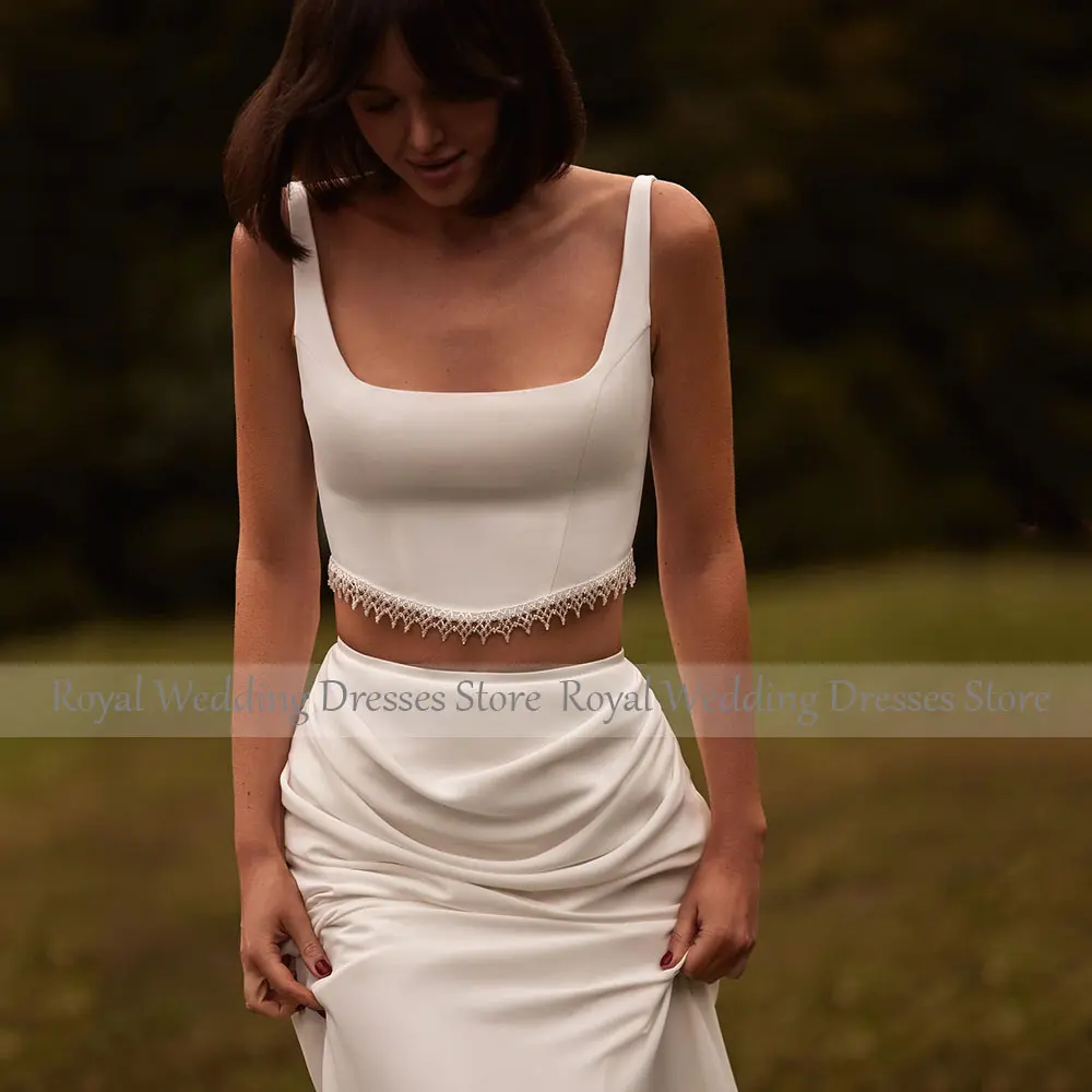 Sexy Wedding Dress Mermaid Tank Crop Top Summer Beach Wedding Gowns for Bride 2 Pieces Tassel Trumpet Modern Bridal Dresses Long