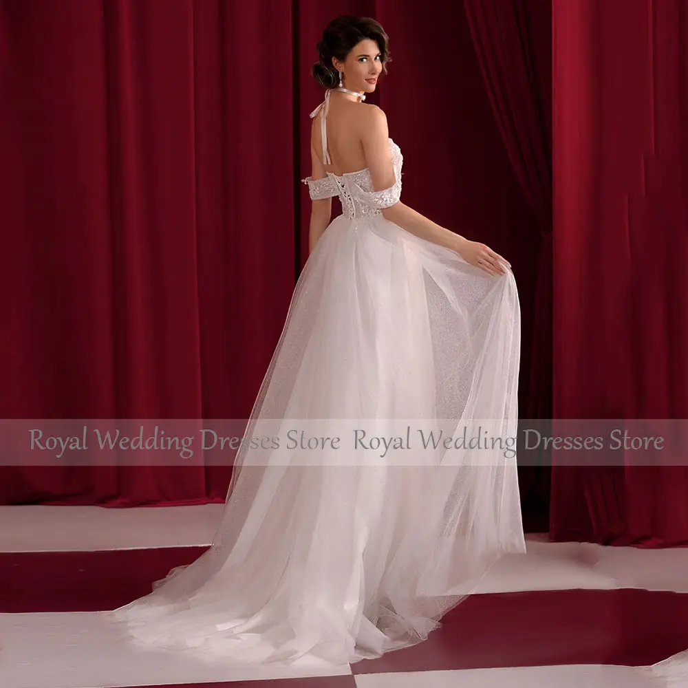 Elegant Off The Shoulder Tulle Bridal Dress Lace Up Wedding Gowns For Women A Line Appliques Ivory Wedding Dress Floor Length