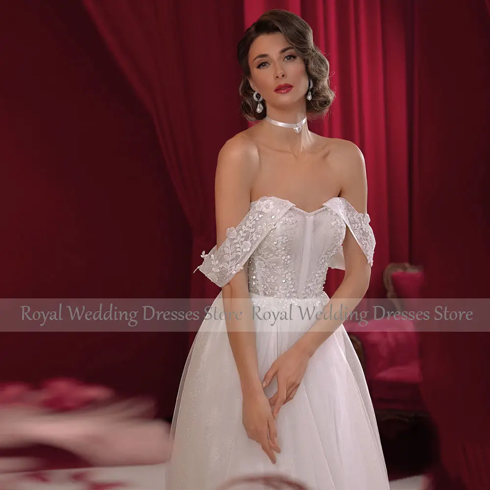 Elegant Off The Shoulder Tulle Bridal Dress Lace Up Wedding Gowns For Women A Line Appliques Ivory Wedding Dress Floor Length