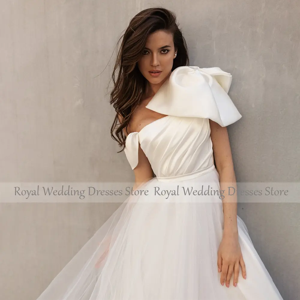 Elegant Wedding Dress for Bride Big Bow One Shoulder A Line Wedding Gowns Ivory Satin Tulle Belt Off the Shoulder Bridal Dresses
