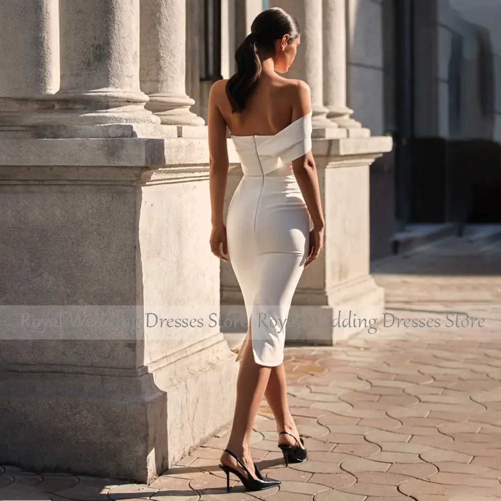 Midi Wedding Dress Off the Shoulder Tea Length Sheath/Column  Gown Simple Back Slit Backless Short Bridal Reception