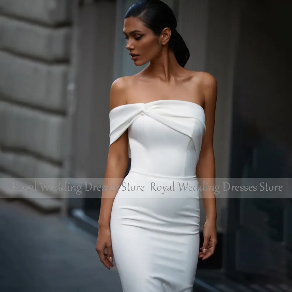Midi Wedding Dress Off the Shoulder Tea Length Sheath/Column  Gown Simple Back Slit Backless Short Bridal Reception
