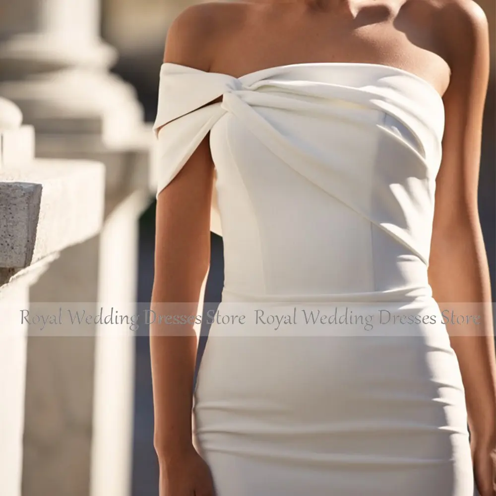 Midi Wedding Dress Off the Shoulder Tea Length Sheath/Column  Gown Simple Back Slit Backless Short Bridal Reception