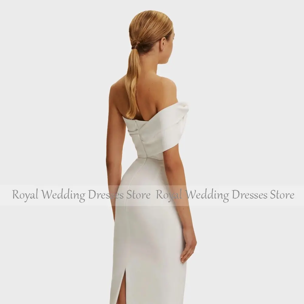 Midi Wedding Dress Off the Shoulder Tea Length Sheath/Column  Gown Simple Back Slit Backless Short Bridal Reception