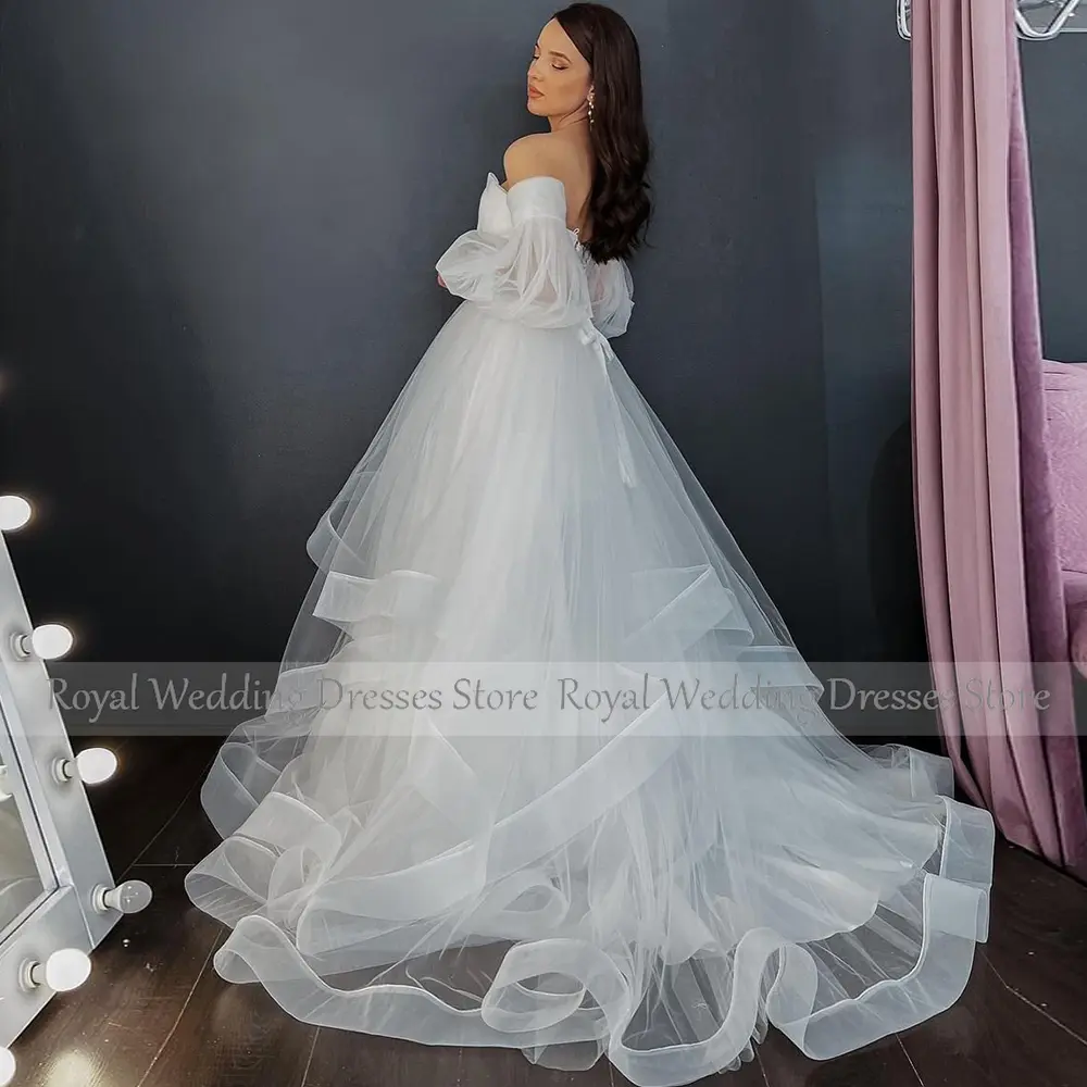 Civil Wedding Dresses White Net Ruffles Ruched Boho Wedding Dresses A-line Off-the-shoulder 2024 Bride Gowns for Women