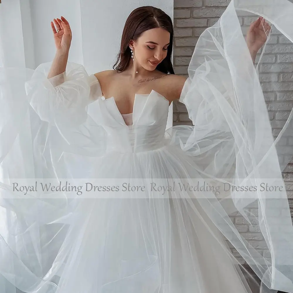 Civil Wedding Dresses White Net Ruffles Ruched Boho Wedding Dresses A-line Off-the-shoulder 2024 Bride Gowns for Women