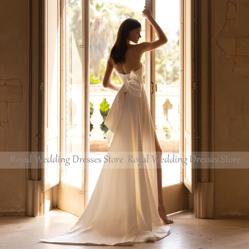 Lvory Classic Satin Wedding Dress Pearl Beading Sequined Pleat Side Fork Bespoke Occasion Gown Straight Strapless Long Dresses